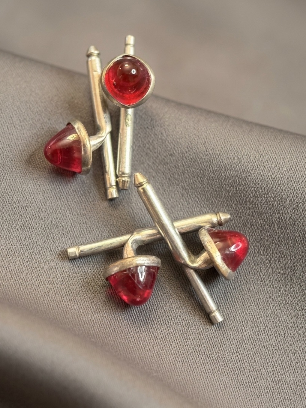 Vintage Red Cabochon Tuxedo Shirt Studs Set of 4 Silver Tone Formal Menswear